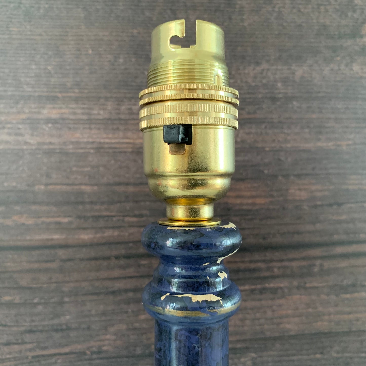 Vintage Blue Wood British Candle Stick Table Lamp 1980s