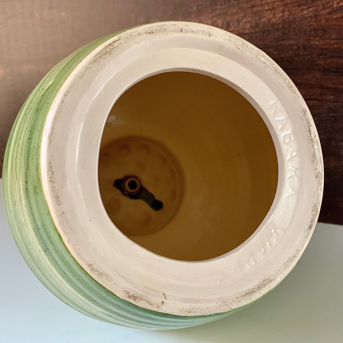 Mid Century Kabaka Pottery Striped Green Ceramic Table Lamp Retro