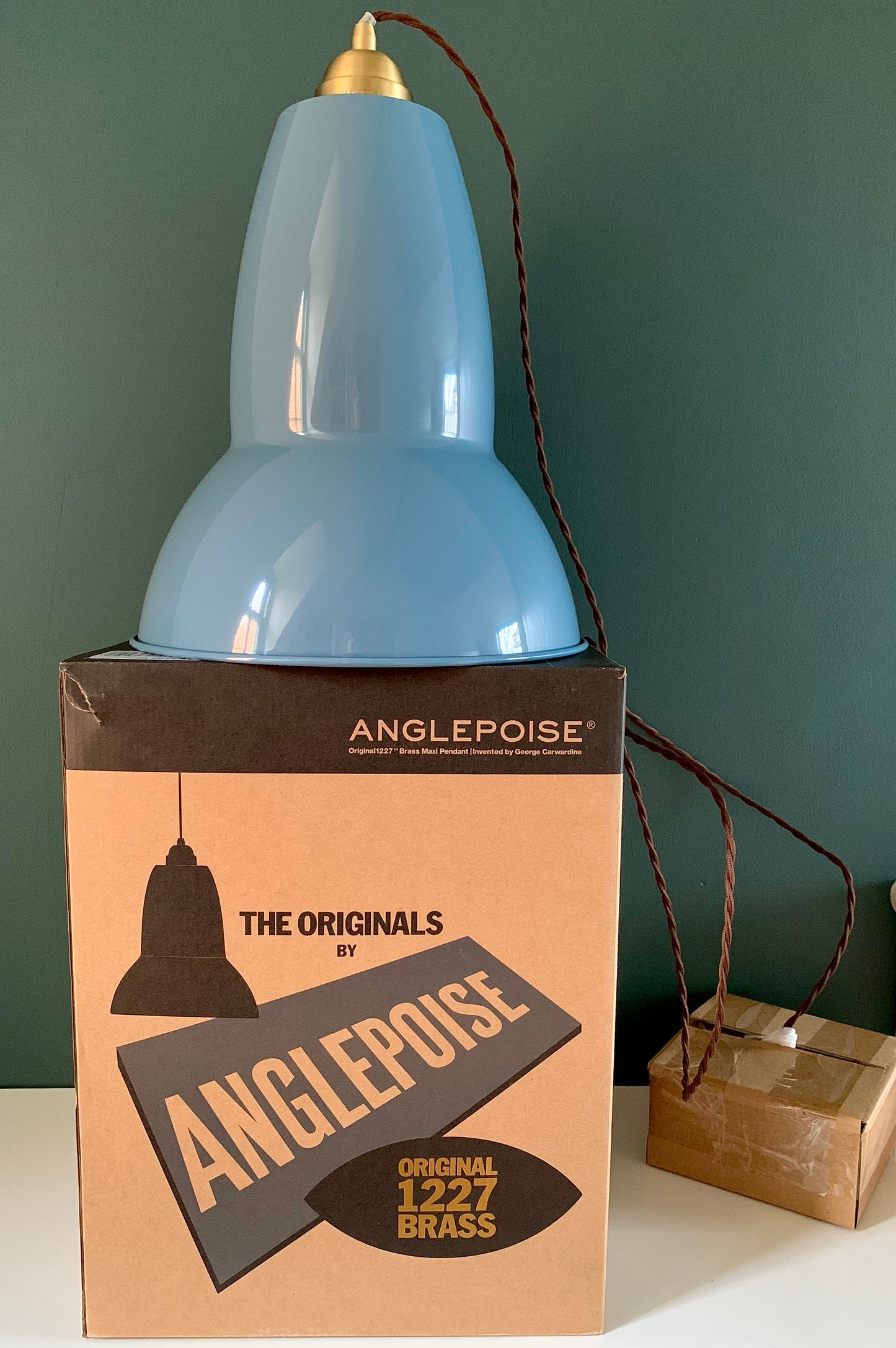 Anglepoise Original 1227 Brass Maxi Pendant Lamp Dusty Blue British Design