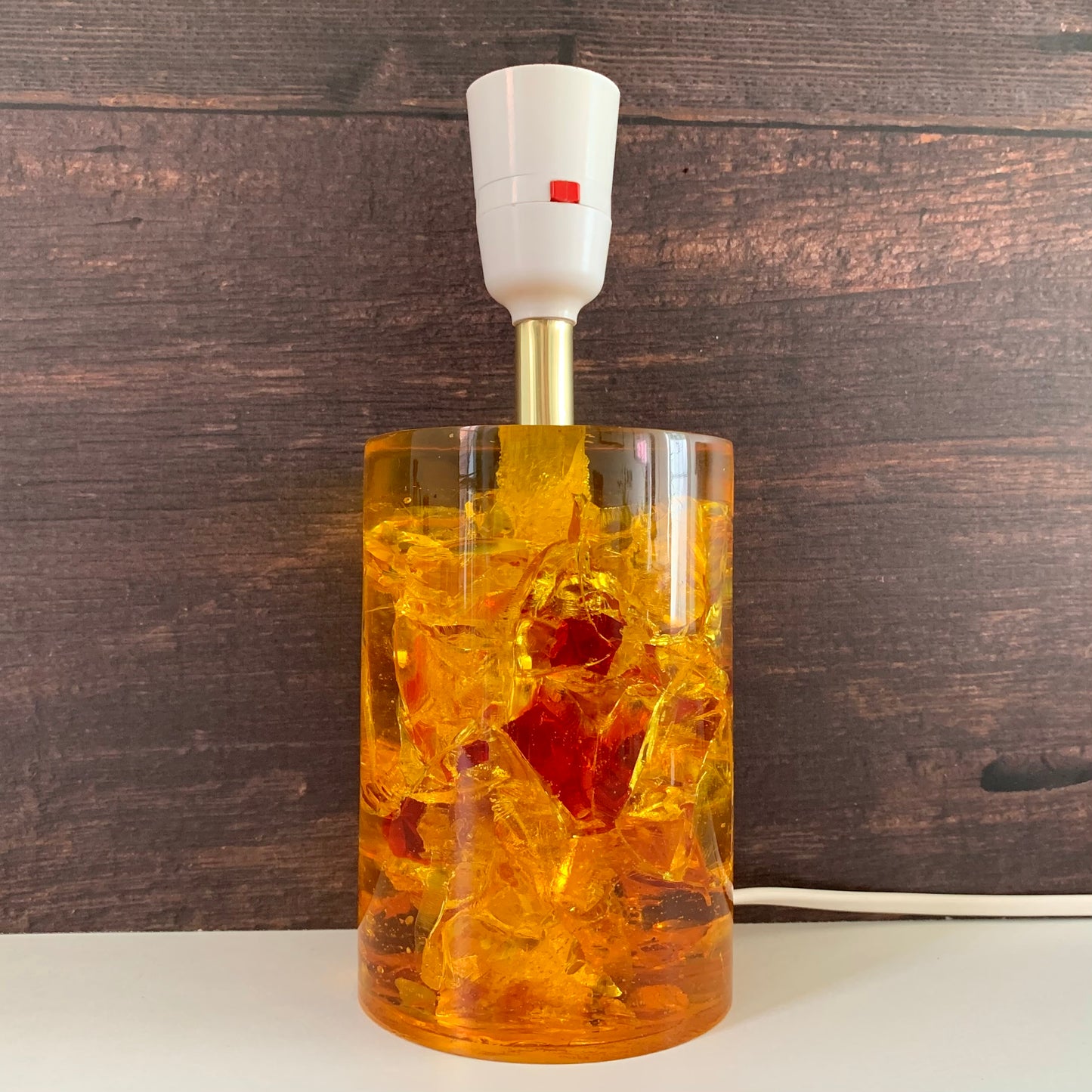Shattaline British Yellow Orange Table Lamp Cracked Resin Crushed Ice Vintage Retro Atomic Era Shatterline