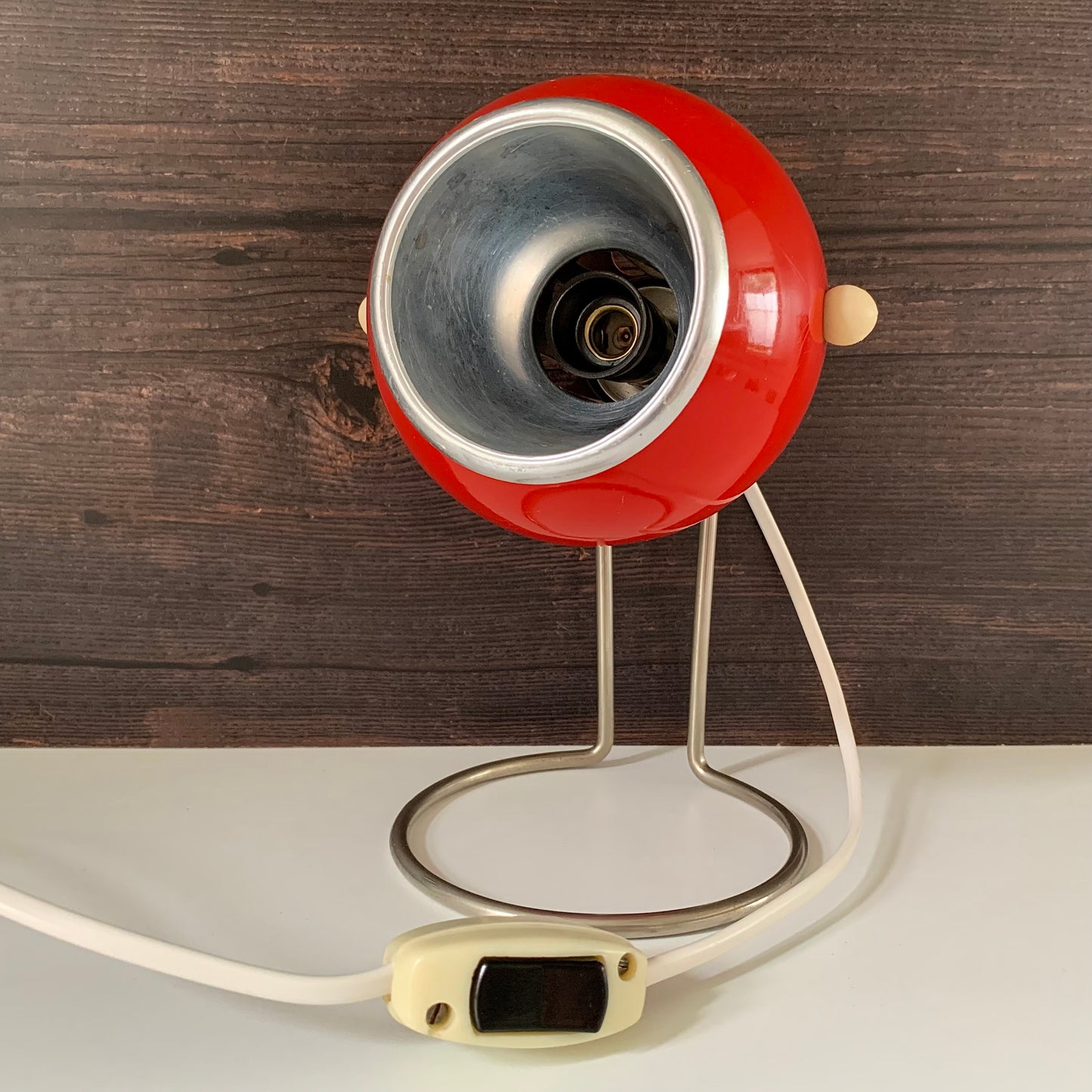 Vintage Red Danish Ball Table Desk Lamp Enamel 1970s Space Age Atomic Era