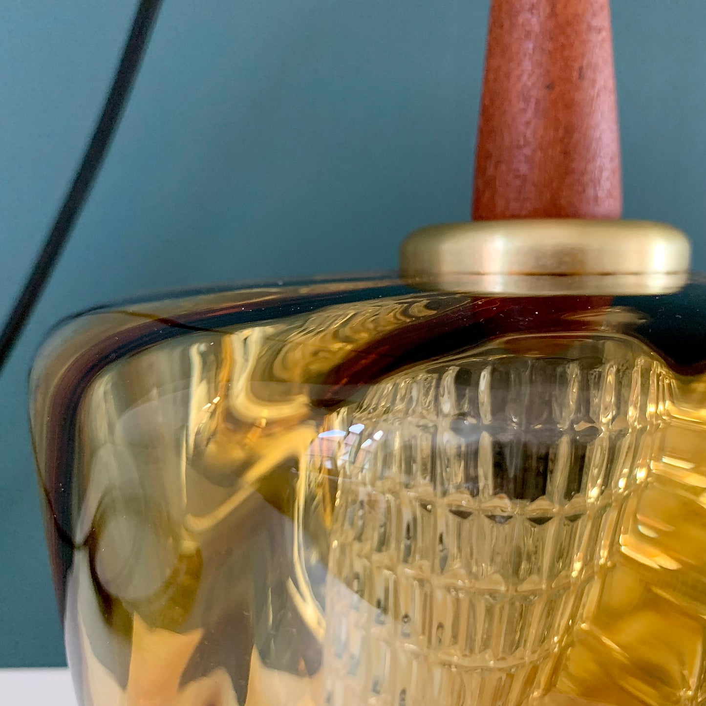 Mid Century Danish Swedish Amber Glass Teak Pendant Ceiling Lamp Scandinavian Light