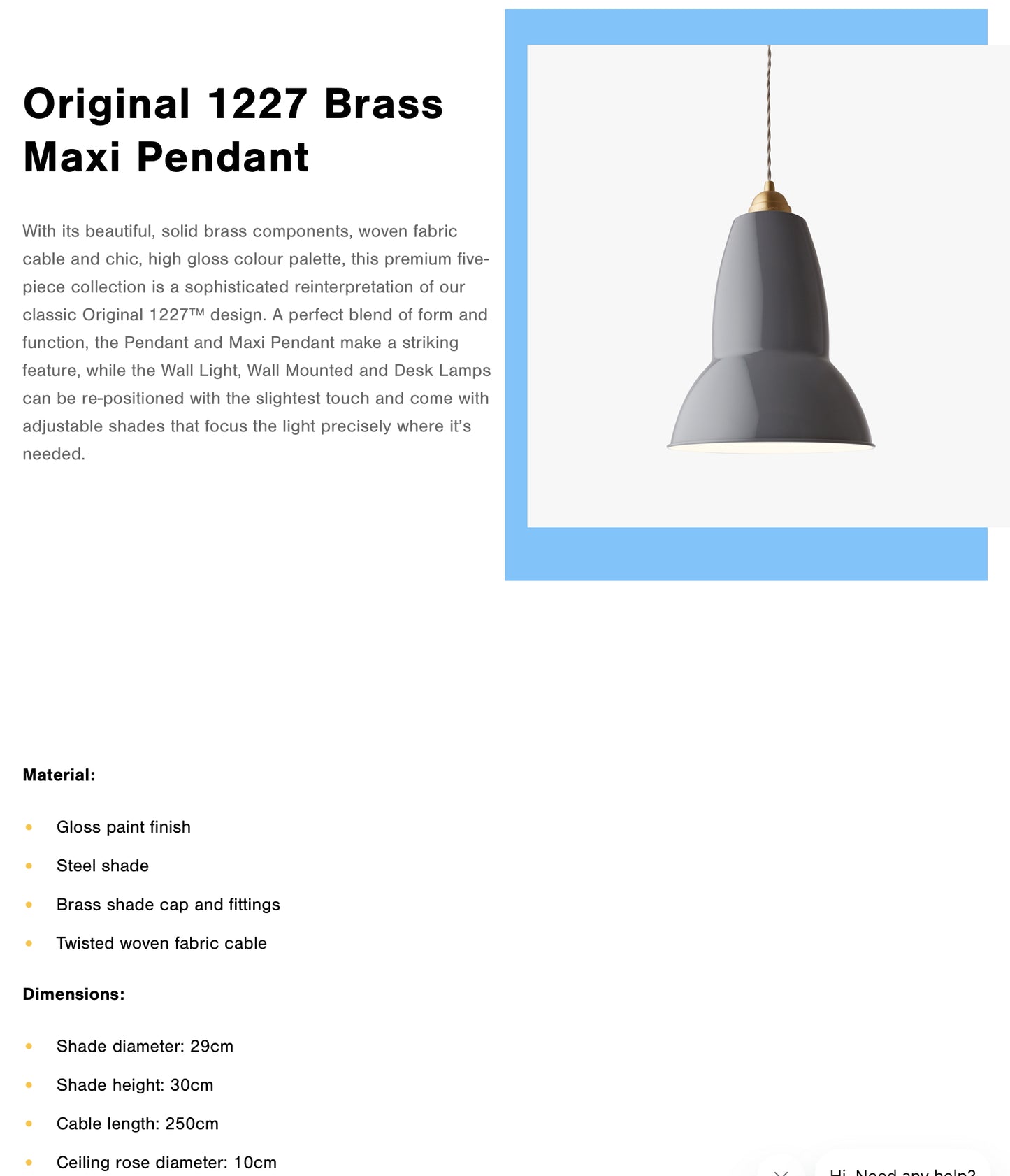 Anglepoise Original 1227 Brass Maxi Pendant Lamp Dusty Blue British Design