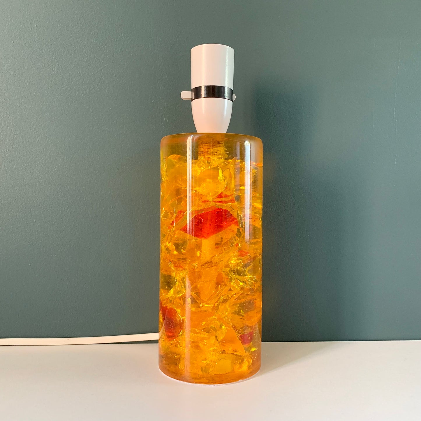 Shattaline British Yellow Orange Table Lamp Cracked Resin Crushed Ice Vintage Retro Atomic Era Shatterline