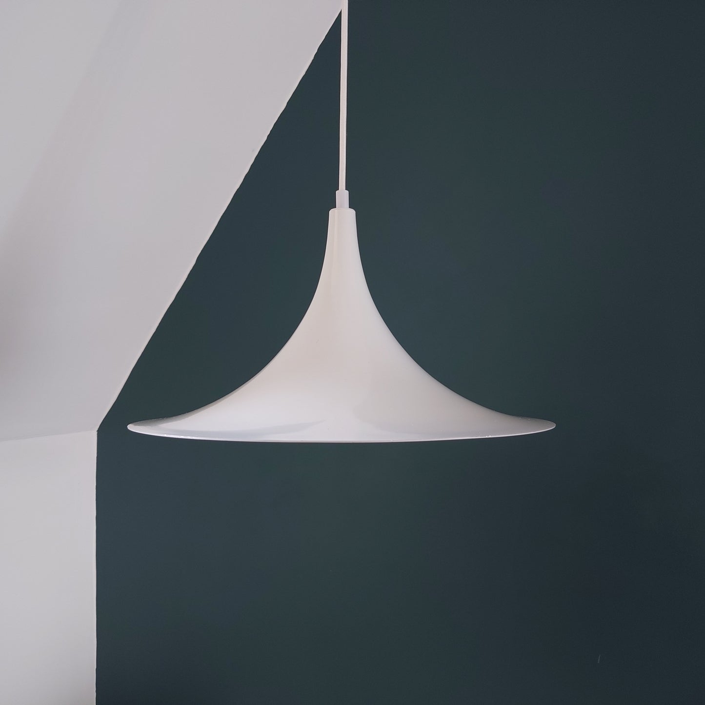 Vintage Danish White Semi Trumpet Pendant Lamp 1970s Retro Ceiling Light