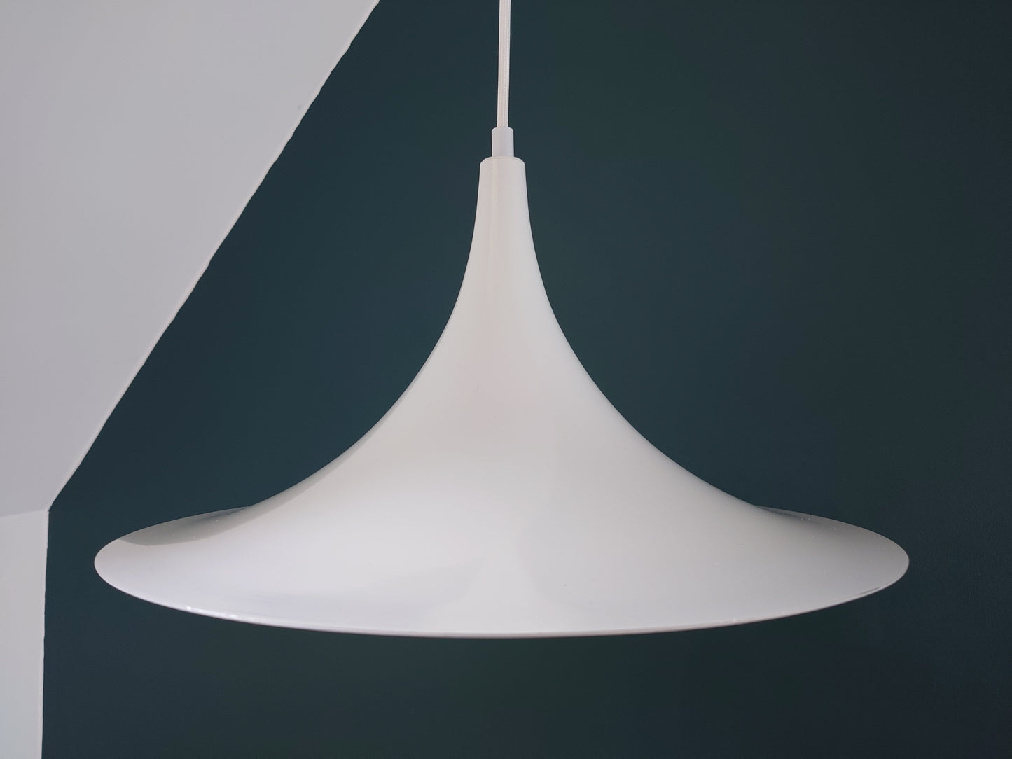 Vintage Danish White Semi Trumpet Pendant Lamp 1970s Retro Ceiling Light