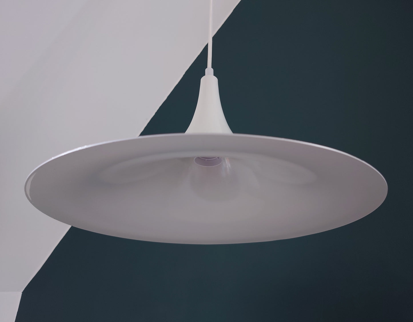 Vintage Danish White Semi Trumpet Pendant Lamp 1970s Retro Ceiling Light