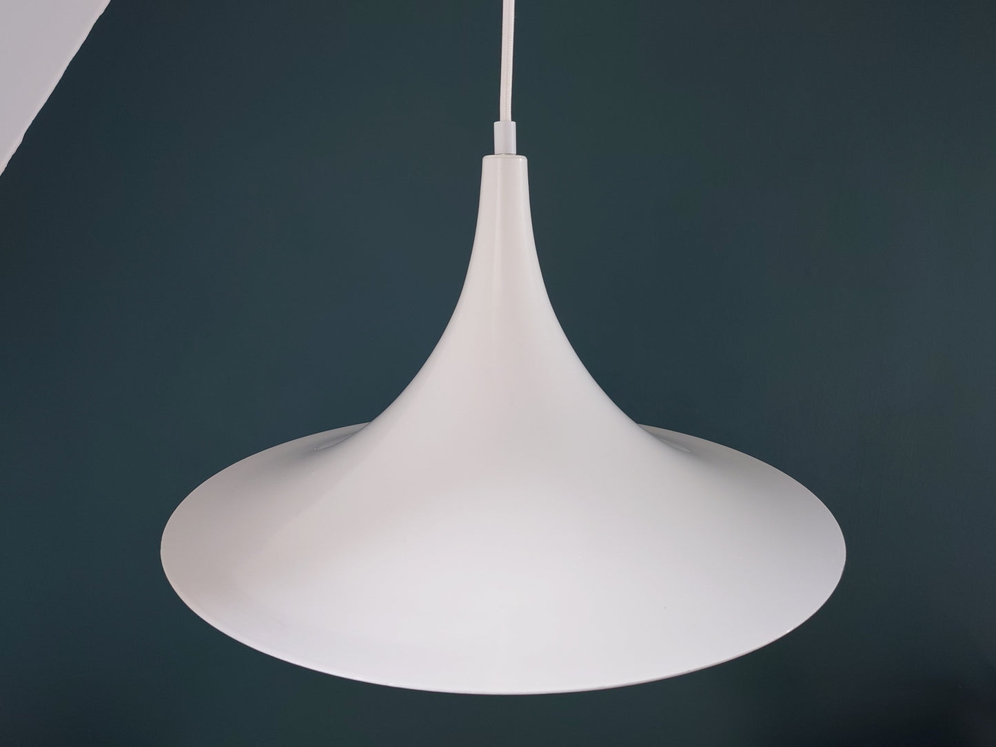 Vintage Danish White Semi Trumpet Pendant Lamp 1970s Retro Ceiling Light