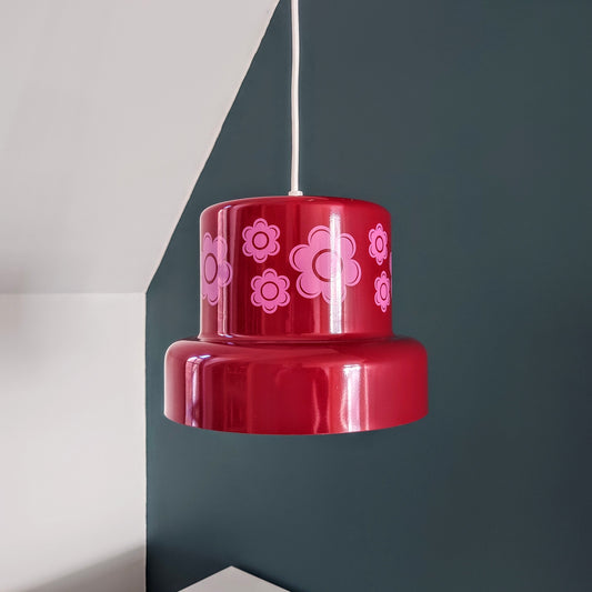 Fog & Morup Arabia Danish Pendant Lamp Kaj Franck Enamel Vintage Retro Red Pink Flower