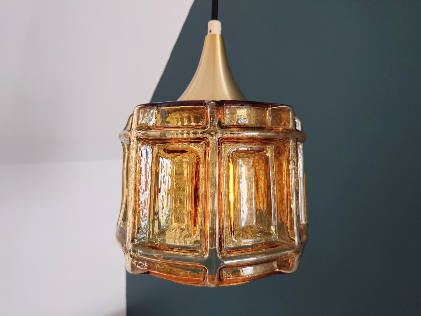 Danish Swedish Amber Glass Pendant Ceiling Lamp 1960s Retro Scandinavian Light