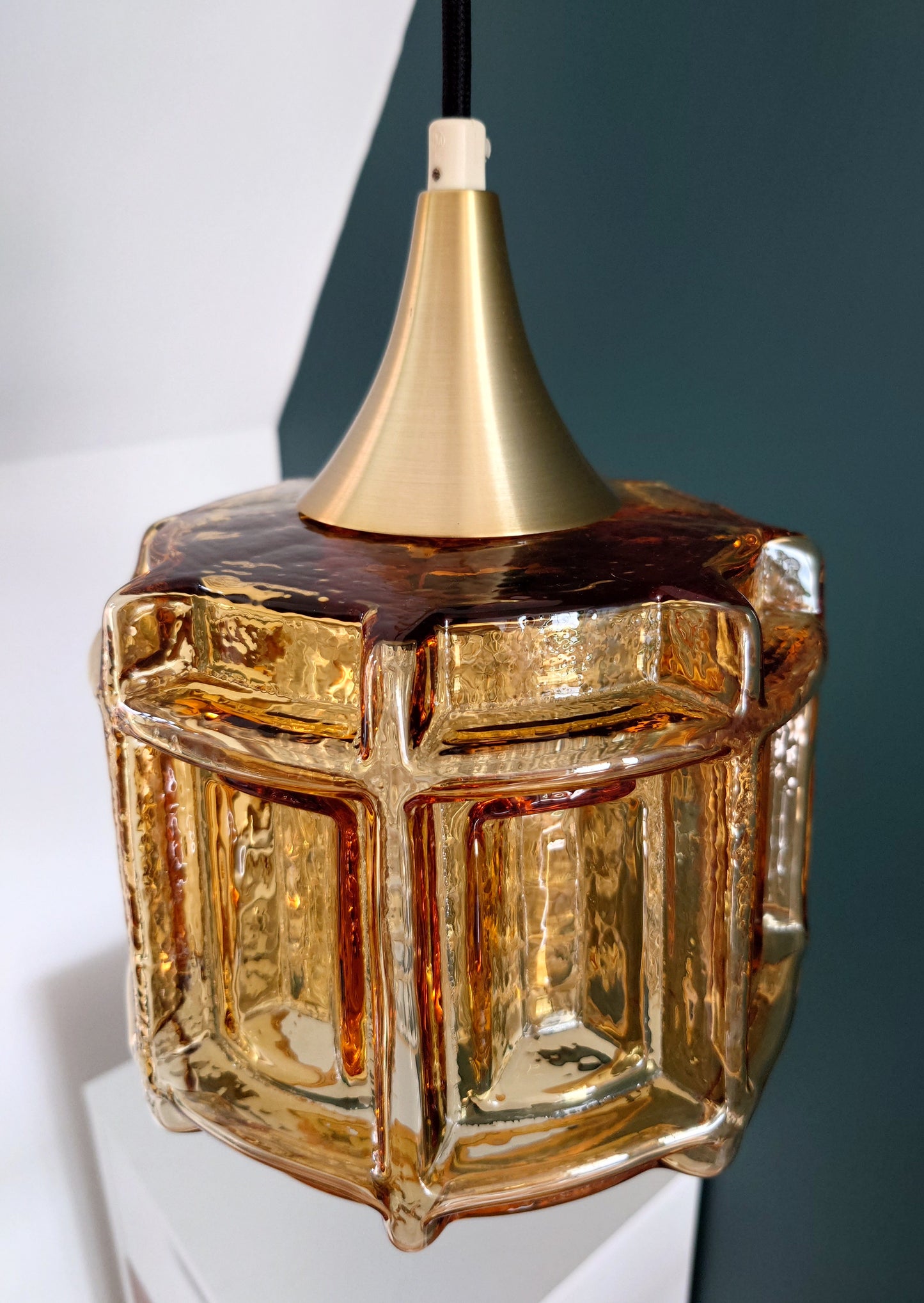 Danish Swedish Amber Glass Pendant Ceiling Lamp 1960s Retro Scandinavian Light