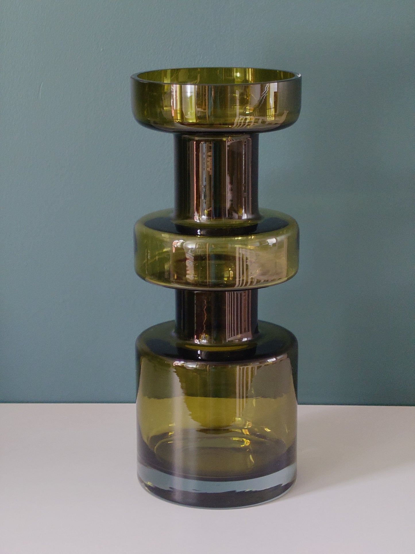 Riihimaki Olive Green Cog Glass Vase 1960s 1970s Khaki Avocado Camshaft Industrial Style Finnish Retro