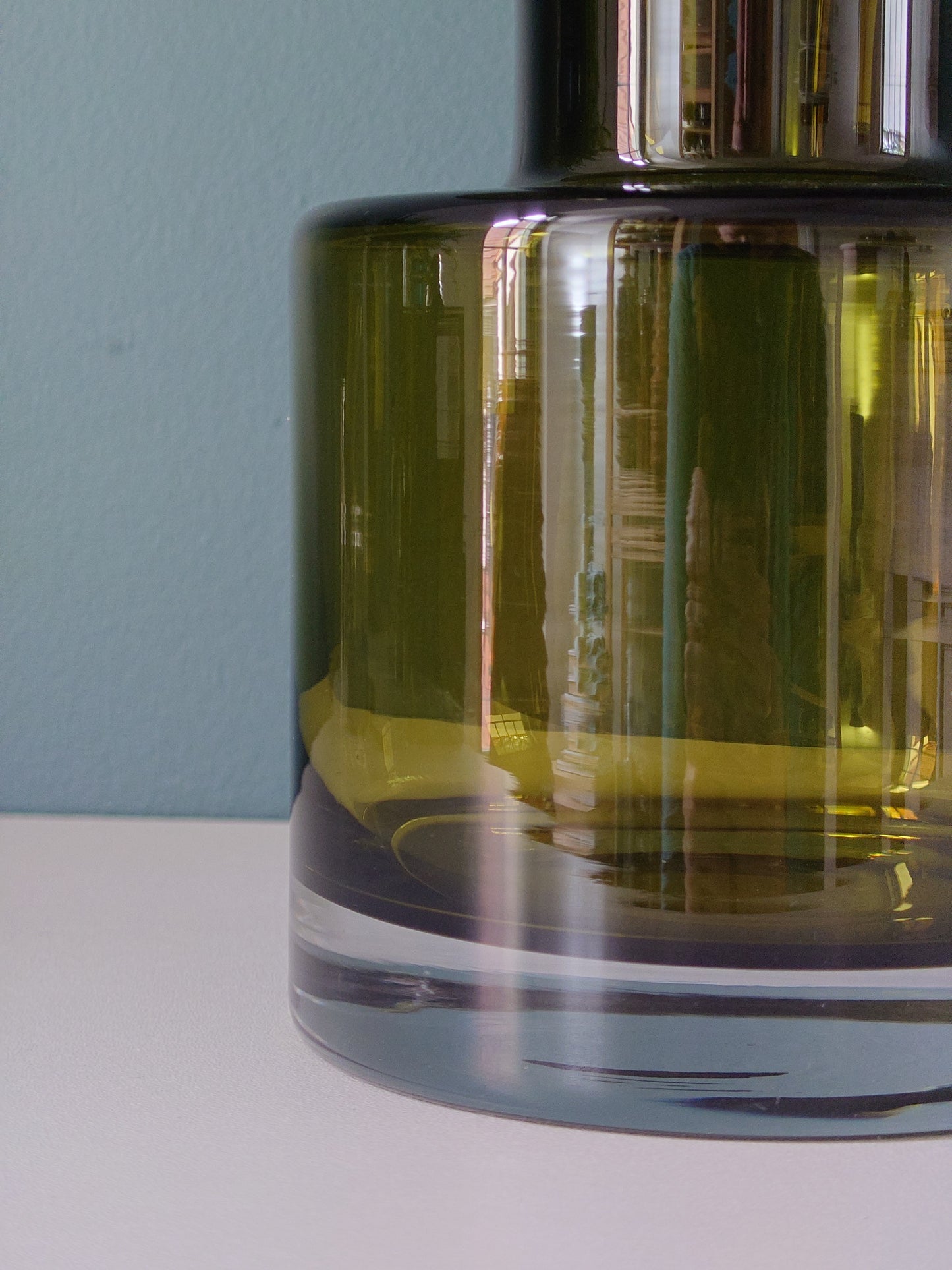 Riihimaki Olive Green Cog Glass Vase 1960s 1970s Khaki Avocado Camshaft Industrial Style Finnish Retro