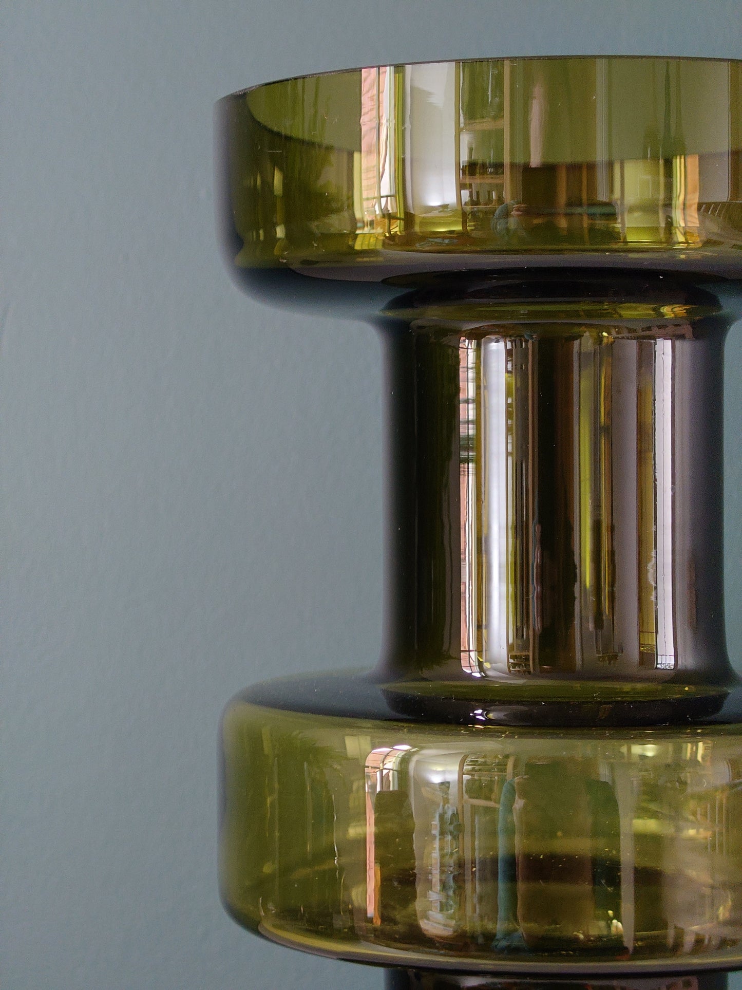 Riihimaki Olive Green Cog Glass Vase 1960s 1970s Khaki Avocado Camshaft Industrial Style Finnish Retro