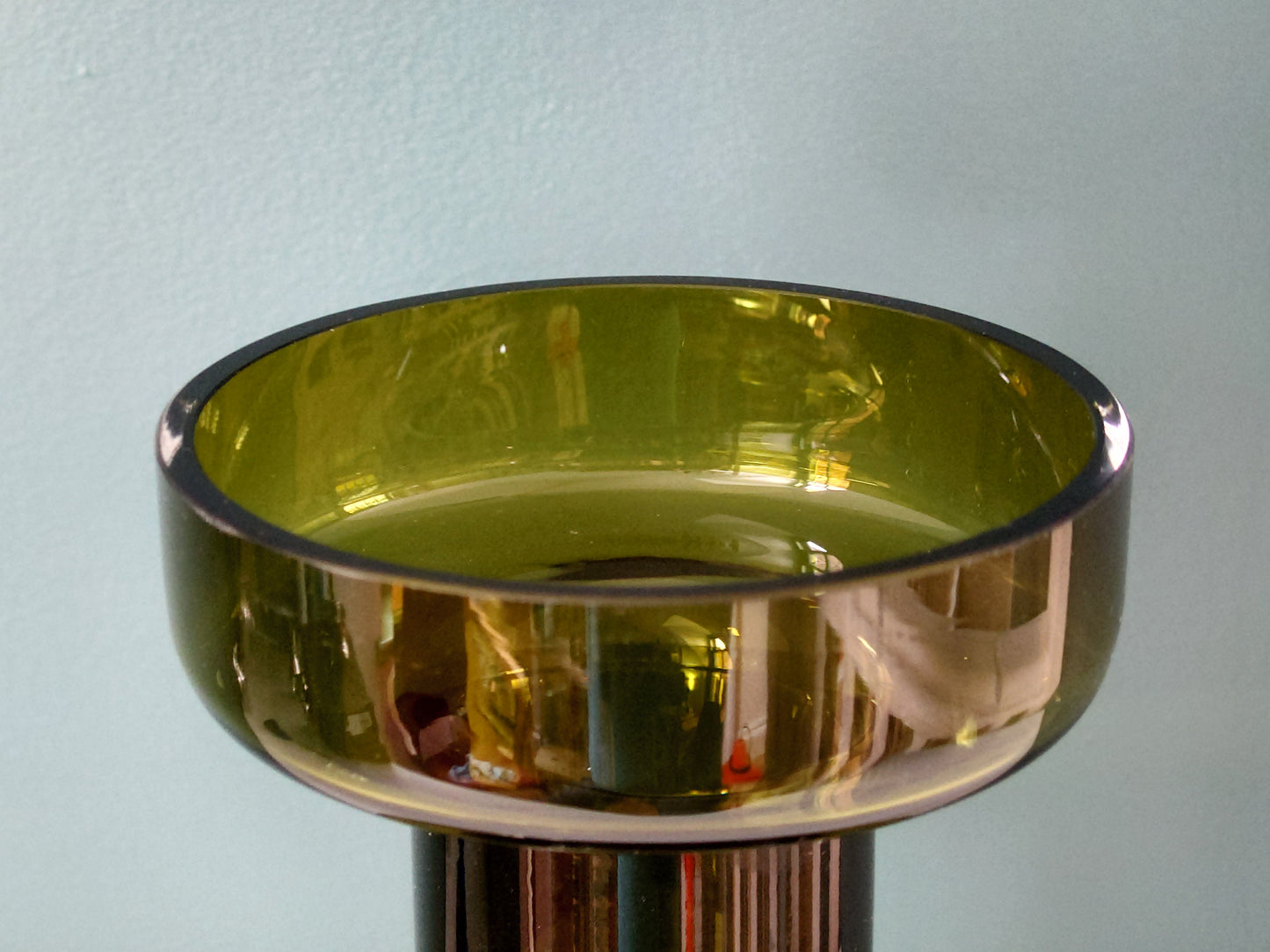 Riihimaki Olive Green Cog Glass Vase 1960s 1970s Khaki Avocado Camshaft Industrial Style Finnish Retro