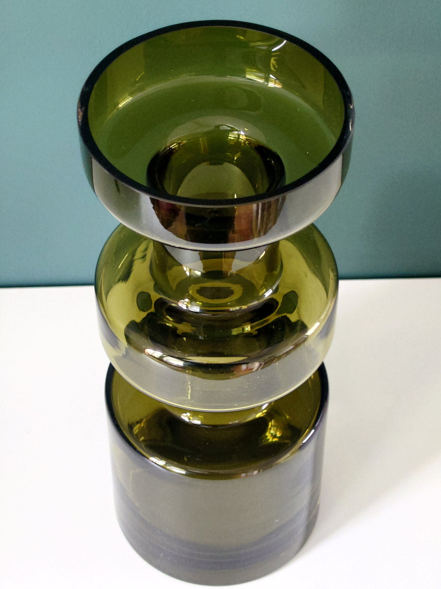 Riihimaki Olive Green Cog Glass Vase 1960s 1970s Khaki Avocado Camshaft Industrial Style Finnish Retro