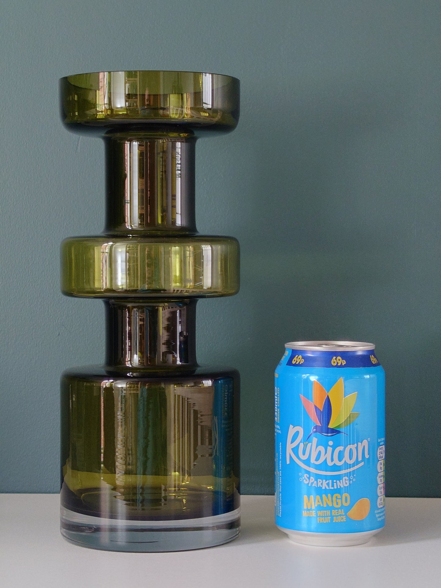 Riihimaki Olive Green Cog Glass Vase 1960s 1970s Khaki Avocado Camshaft Industrial Style Finnish Retro
