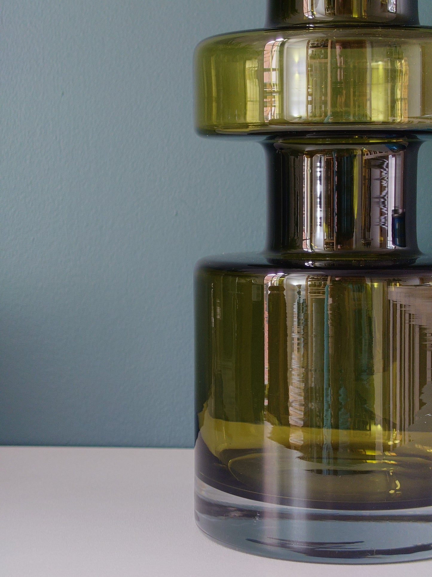 Riihimaki Olive Green Cog Glass Vase 1960s 1970s Khaki Avocado Camshaft Industrial Style Finnish Retro
