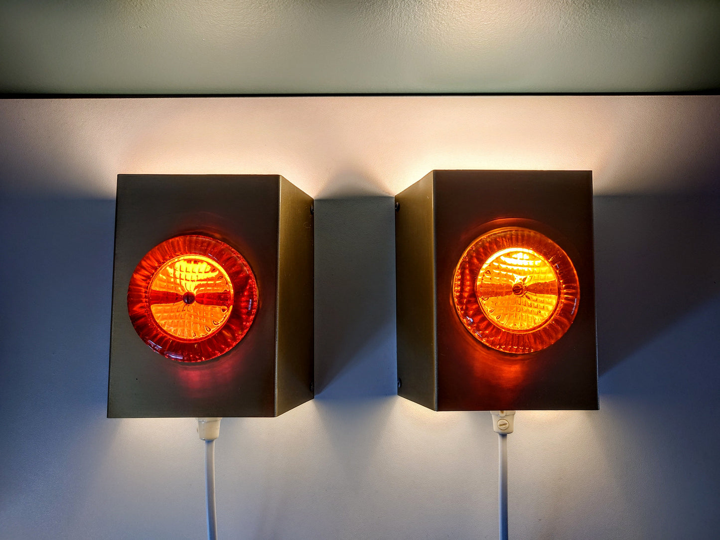 Pair (2) Danish Swedish Orange Glass Sconce Wall Lamps Lights Retro Vintage