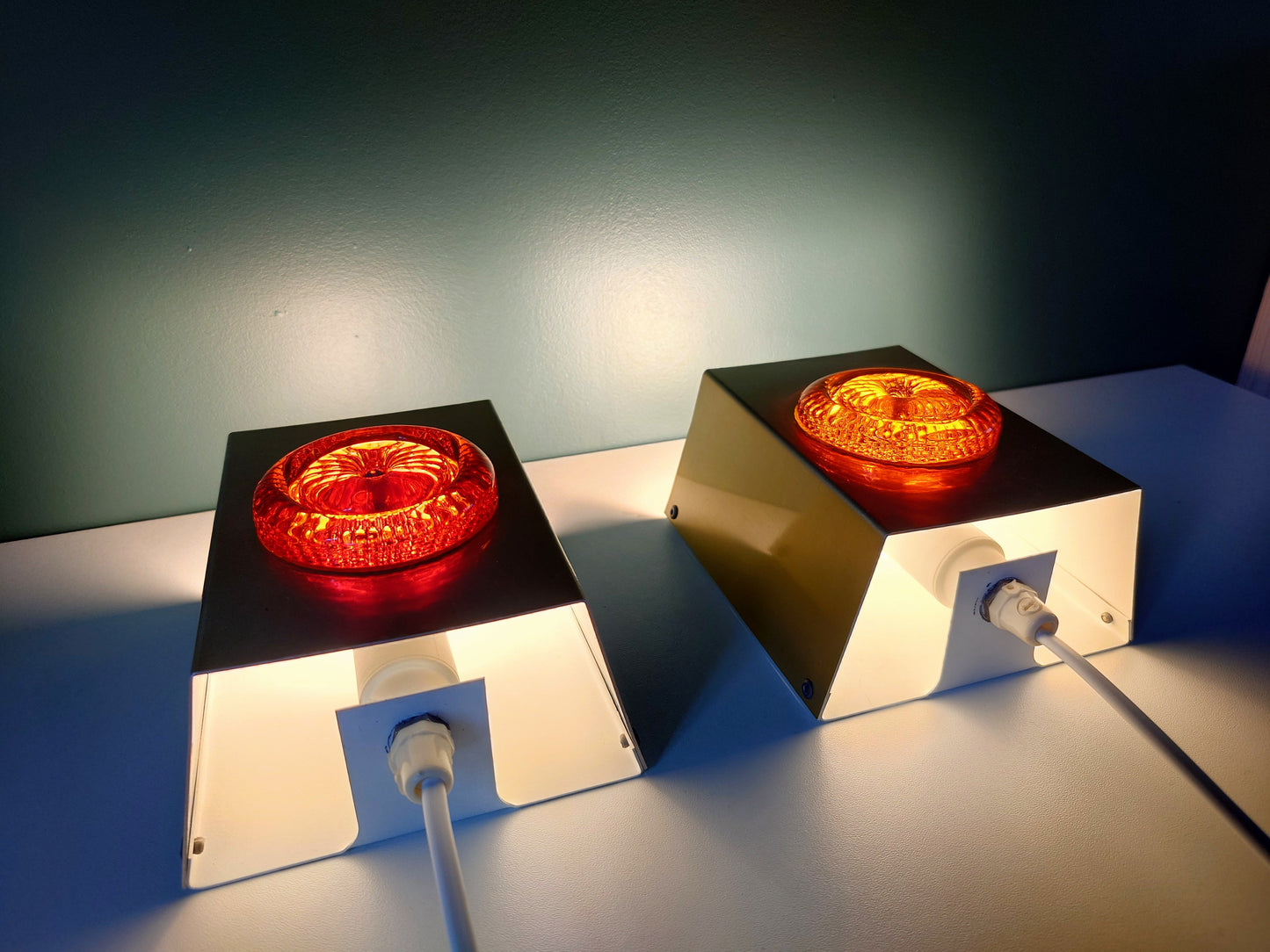 Pair (2) Danish Swedish Orange Glass Sconce Wall Lamps Lights Retro Vintage