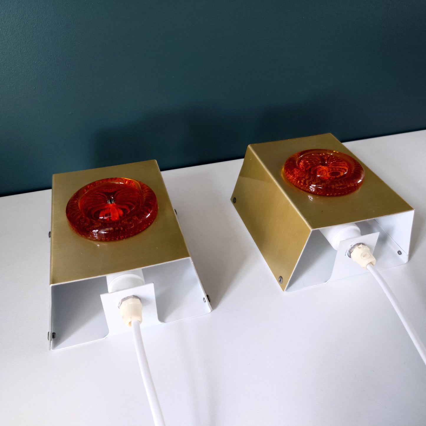 Pair (2) Danish Swedish Orange Glass Sconce Wall Lamps Lights Retro Vintage