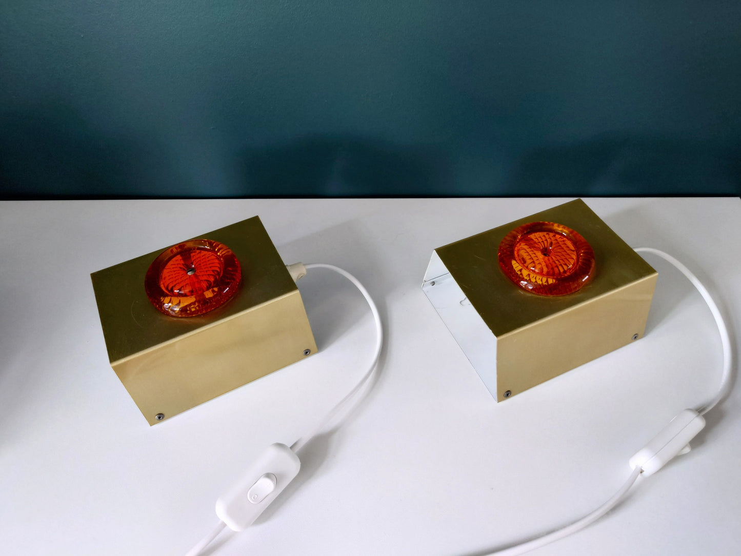 Pair (2) Danish Swedish Orange Glass Sconce Wall Lamps Lights Retro Vintage