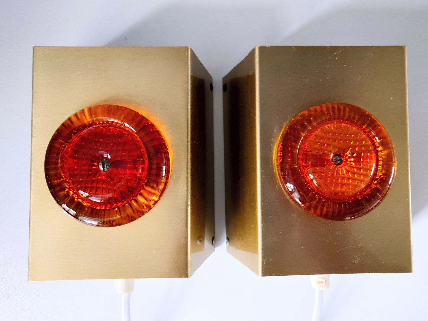 Pair (2) Danish Swedish Orange Glass Sconce Wall Lamps Lights Retro Vintage