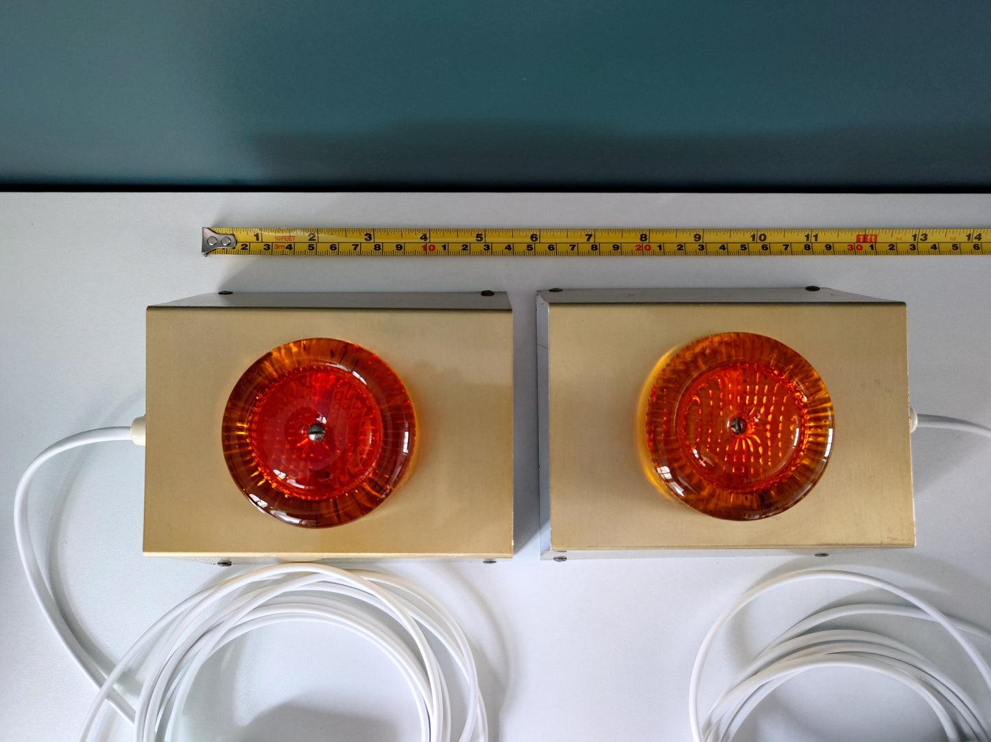 Pair (2) Danish Swedish Orange Glass Sconce Wall Lamps Lights Retro Vintage