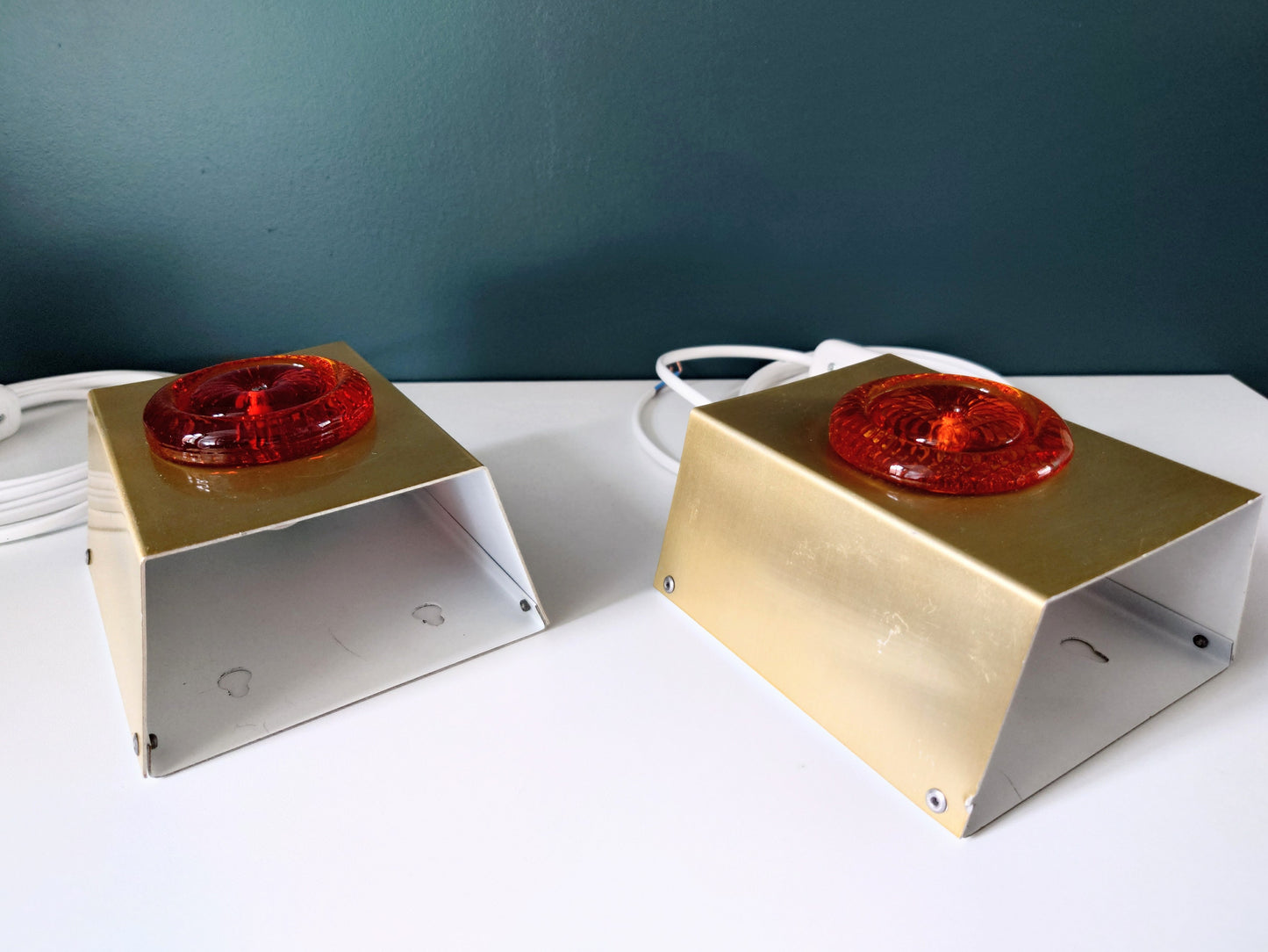Pair (2) Danish Swedish Orange Glass Sconce Wall Lamps Lights Retro Vintage