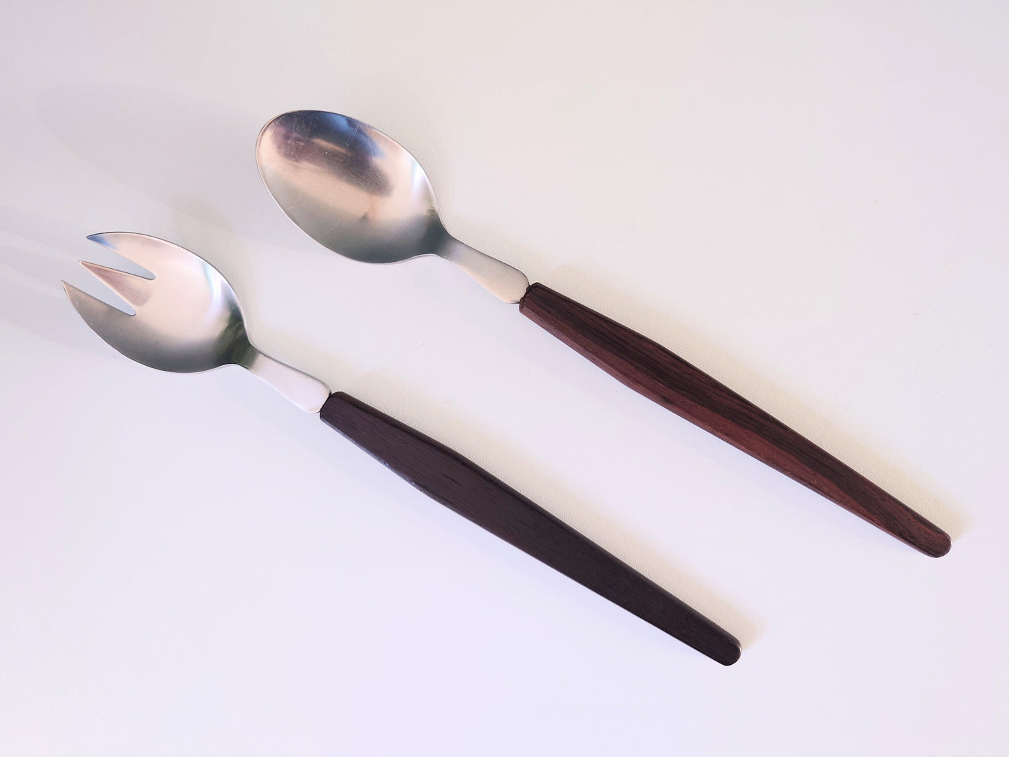 Danish Teak Wood Steel Salad Servers 1960s Design Lundtofte Scandinavian Vintage Gifts Present