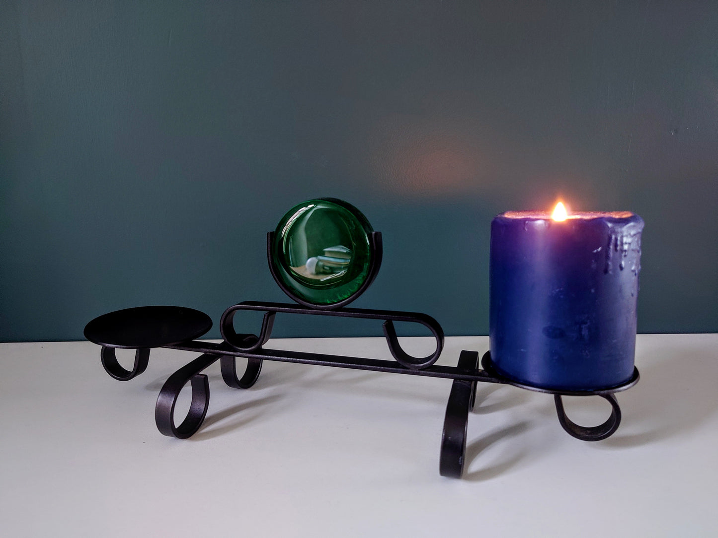 Dantoft Danish Iron Swedish Green Glass Candle Holder 1960s 1970s Brutalist