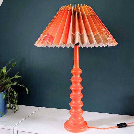 Mid Century Orange Hooped Wood Table Lamp with Original Vintage Danish Lampshade 1970s