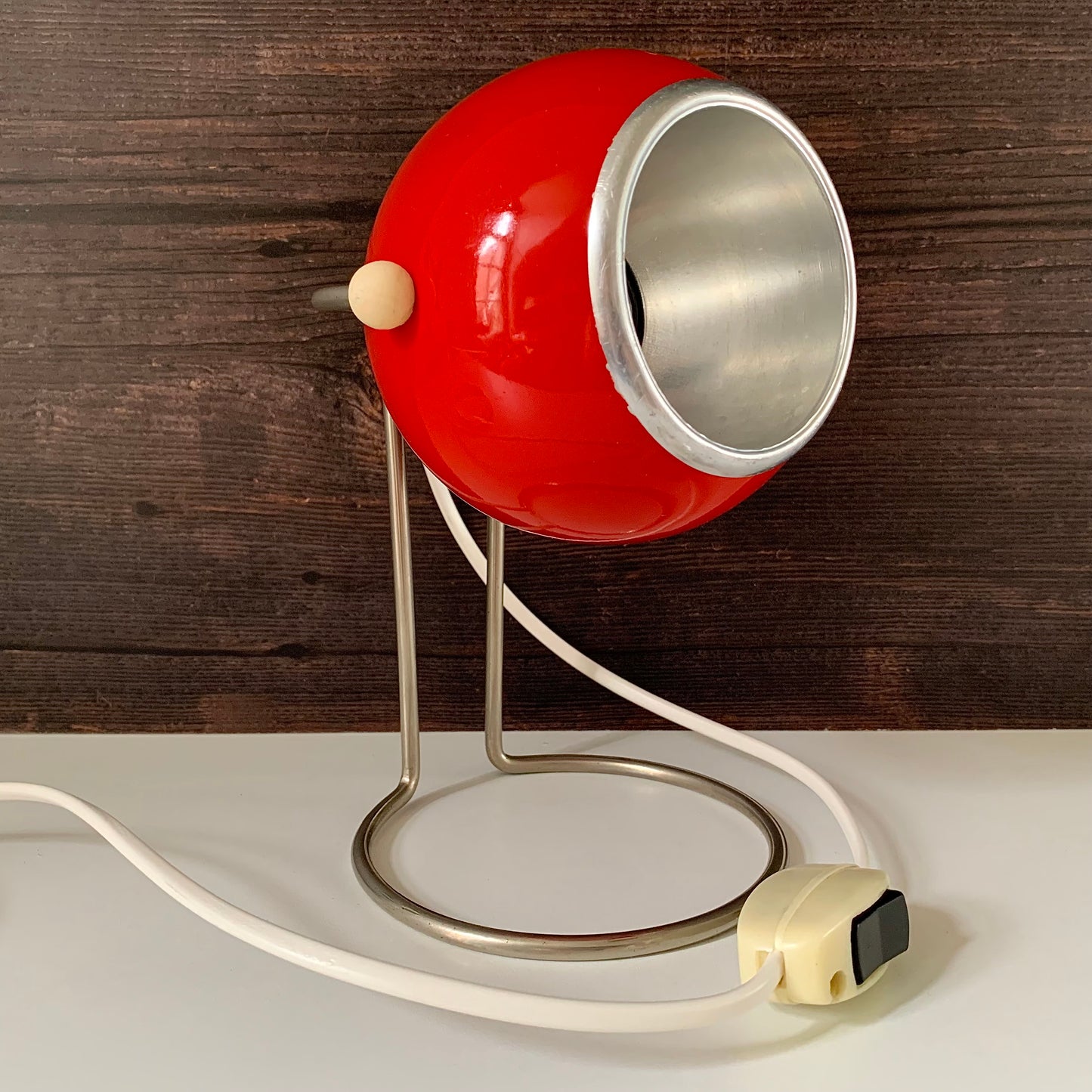 Vintage Red Danish Ball Table Desk Lamp Enamel 1970s Space Age Atomic Era