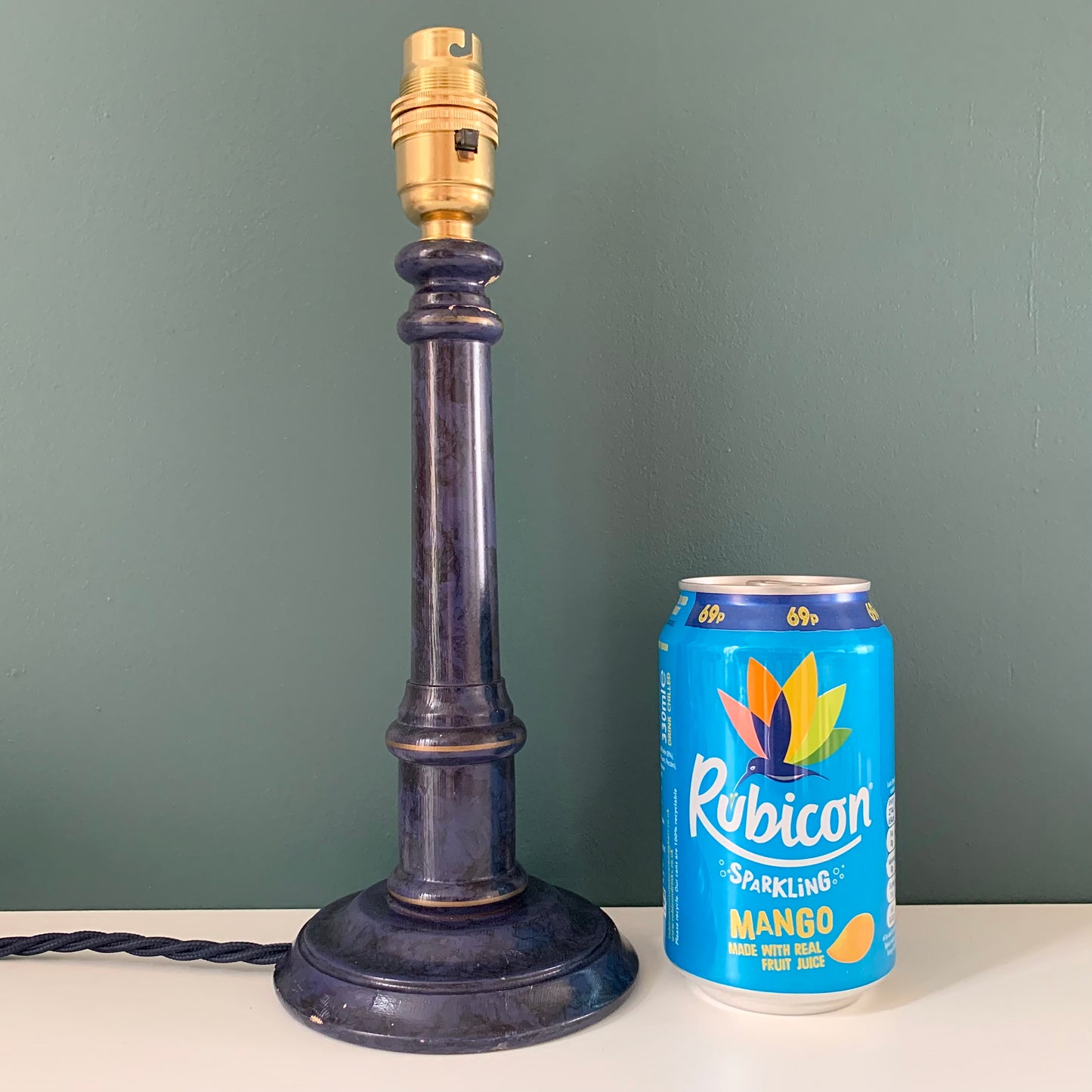 Vintage Blue Wood British Candle Stick Table Lamp 1980s