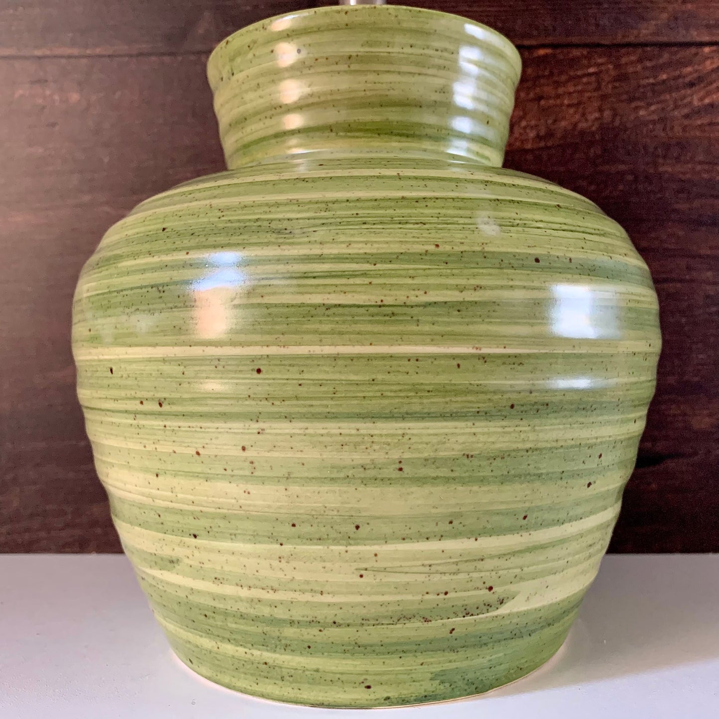 Mid Century Kabaka Pottery Striped Green Ceramic Table Lamp Retro