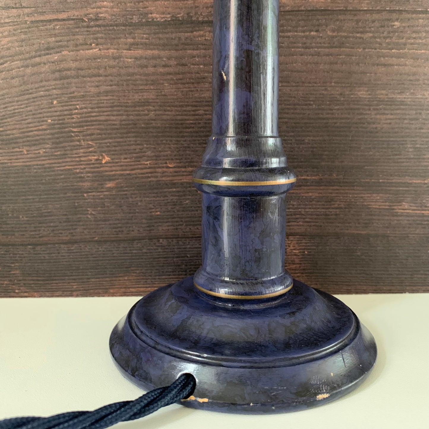 Vintage Blue Wood British Candle Stick Table Lamp 1980s
