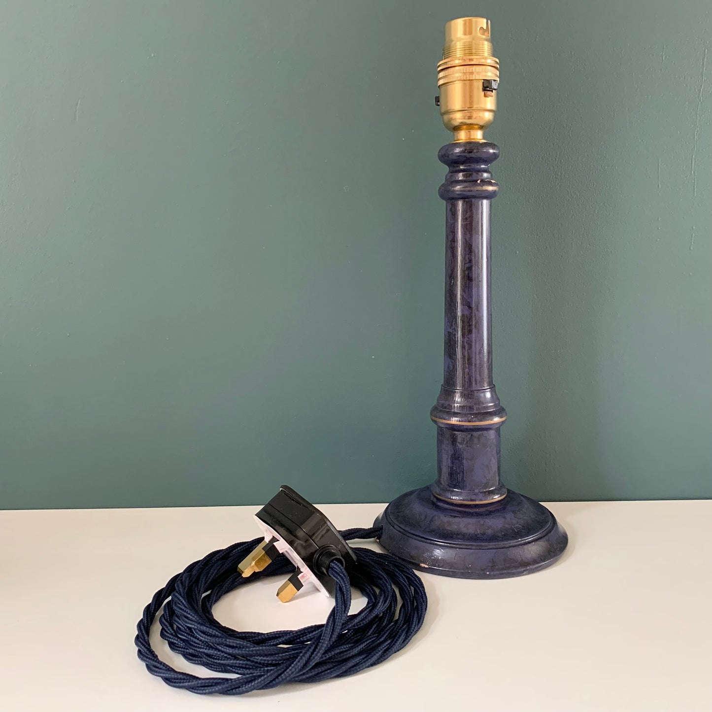 Vintage Blue Wood British Candle Stick Table Lamp 1980s