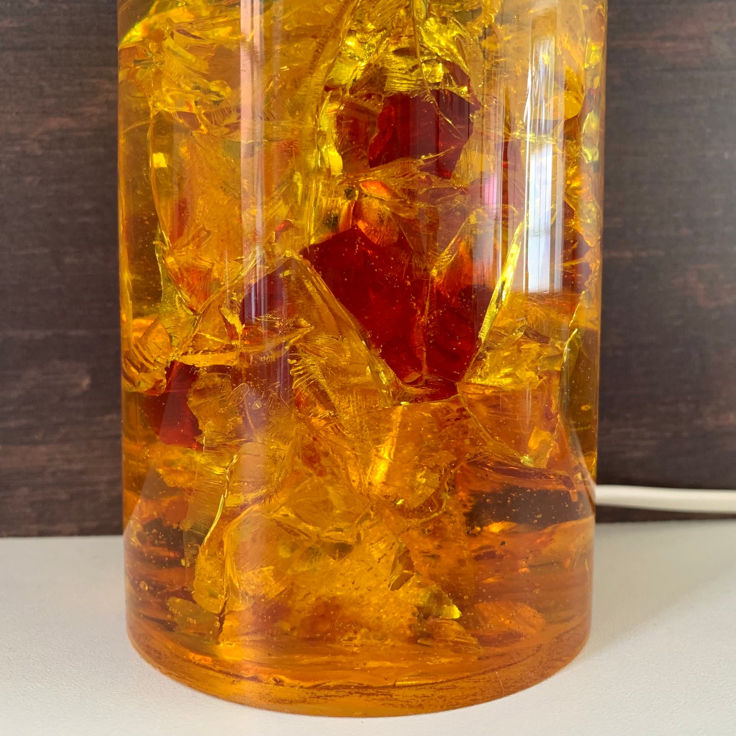 Shattaline British Yellow Orange Table Lamp Cracked Resin Crushed Ice Vintage Retro Atomic Era Shatterline