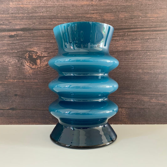 Aseda Swedish Blue Hooped Glass Vase Petrol Turquoise 1960s 1970s Retro