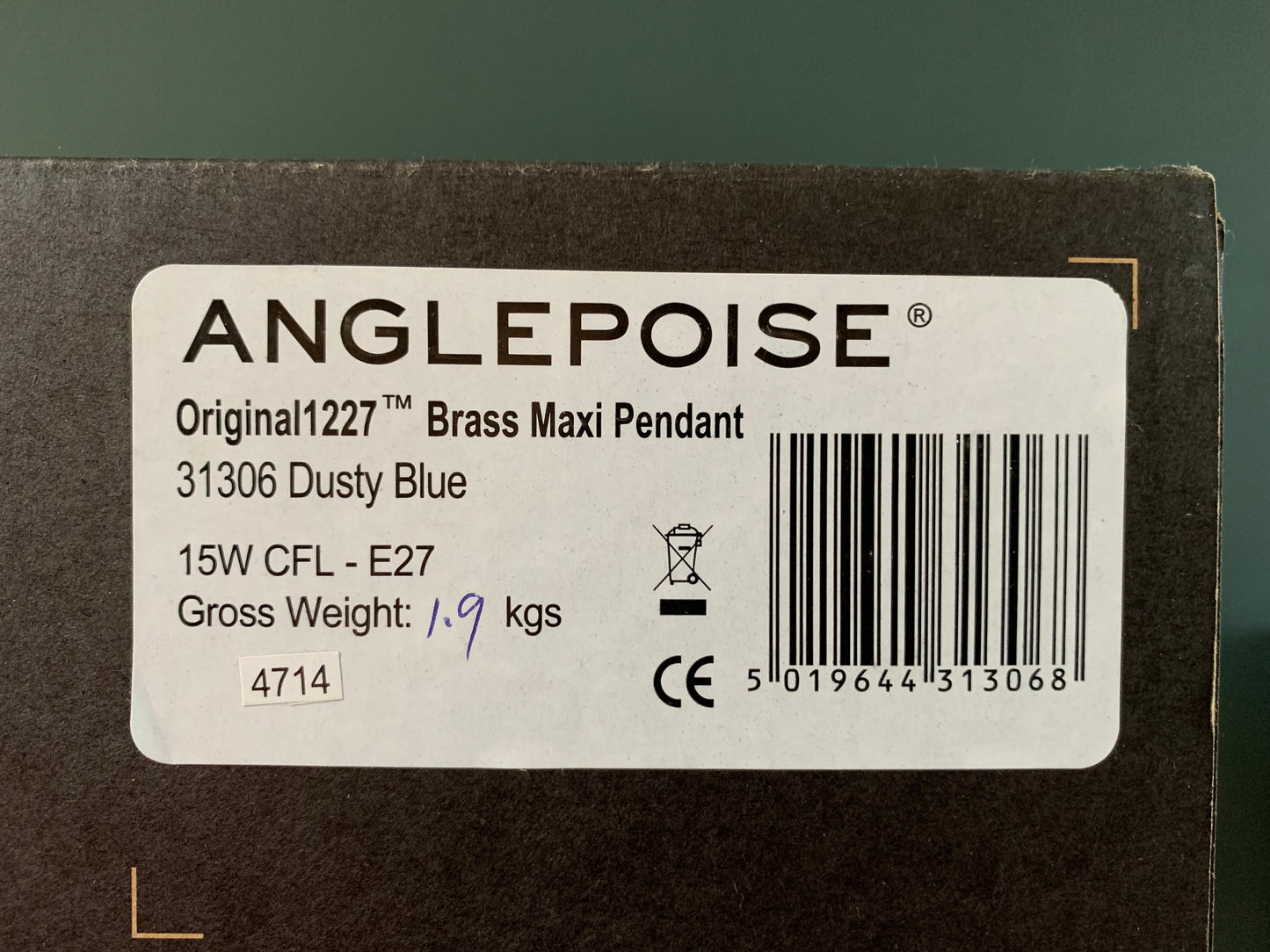 Anglepoise Original 1227 Brass Maxi Pendant Lamp Dusty Blue British Design