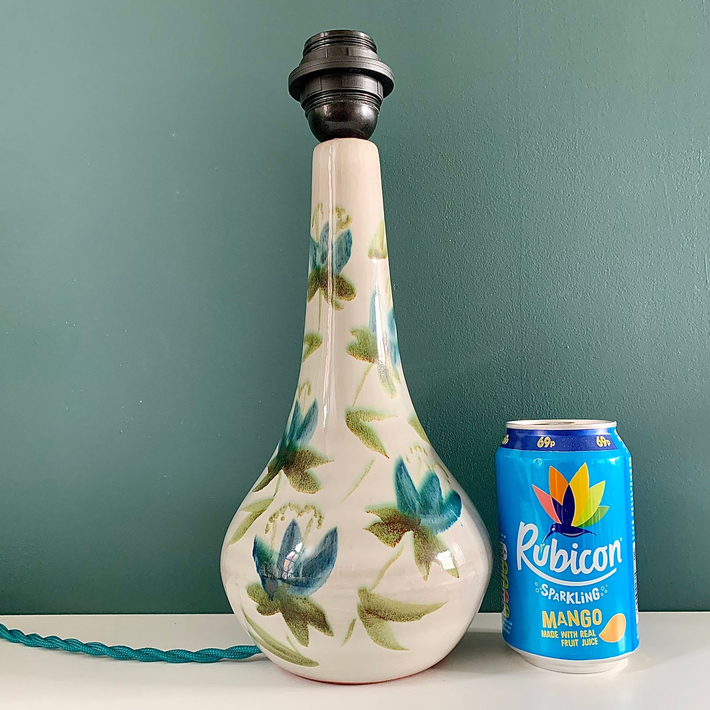 Vintage Green Floral Ceramic Table Lamp Boho Scandi Pottery 1960s 1970s