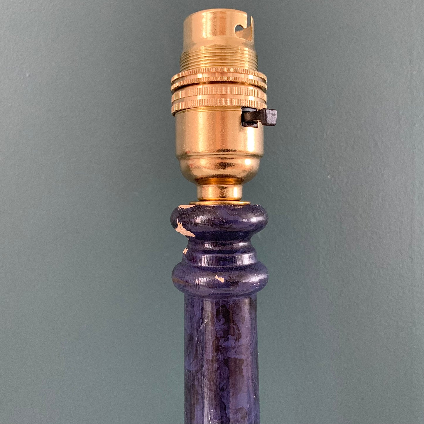 Vintage Blue Wood British Candle Stick Table Lamp 1980s