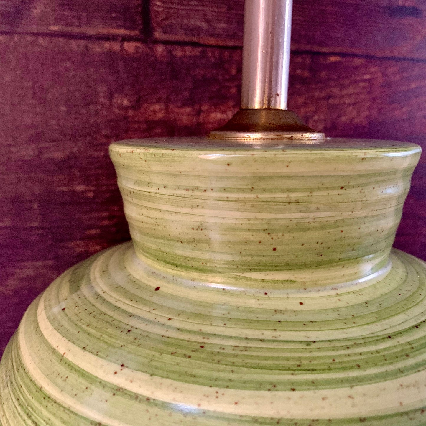Mid Century Kabaka Pottery Striped Green Ceramic Table Lamp Retro