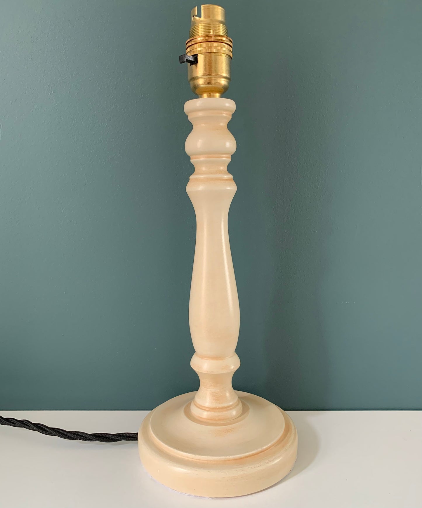 Vintage Cream Wood British Candle Stick Table Lamp 1980s