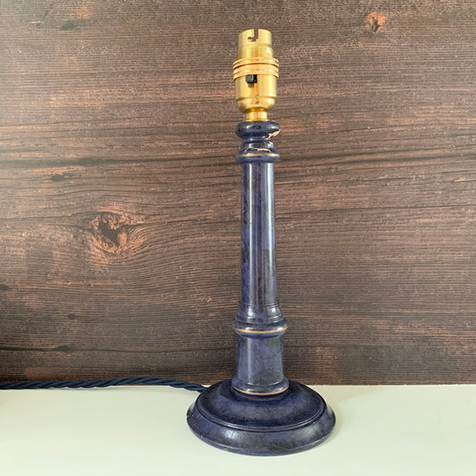 Vintage Blue Wood British Candle Stick Table Lamp 1980s