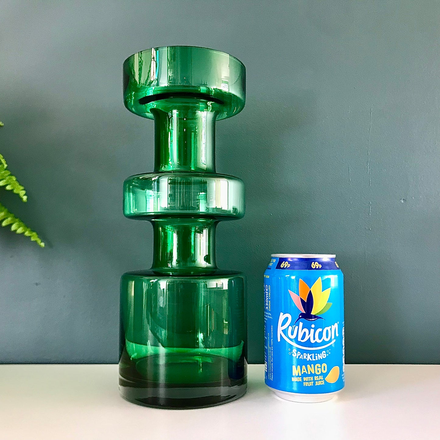 Riihimaki Emerald Green Cog Glass Vase 1960s 1970s Camshaft Industrial Style Finnish Retro