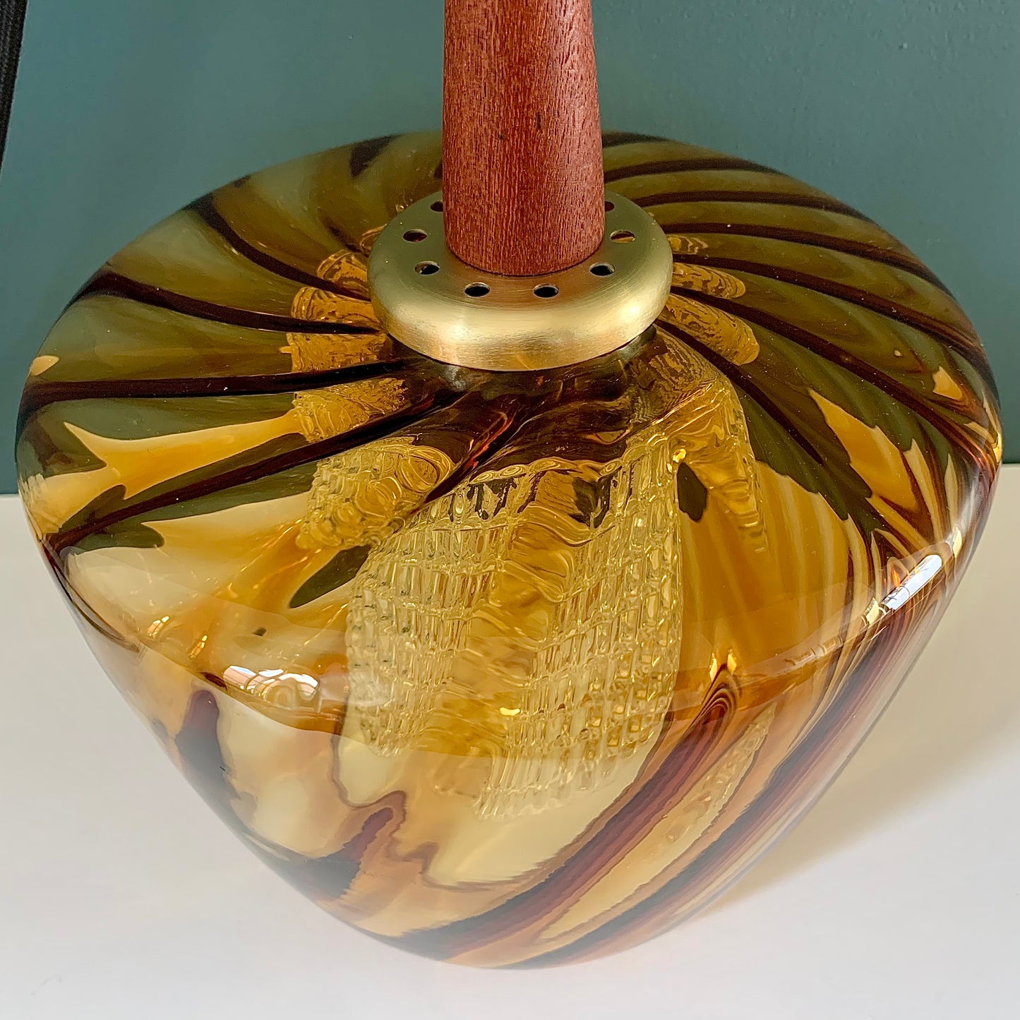 Mid Century Danish Swedish Amber Glass Teak Pendant Ceiling Lamp Scandinavian Light