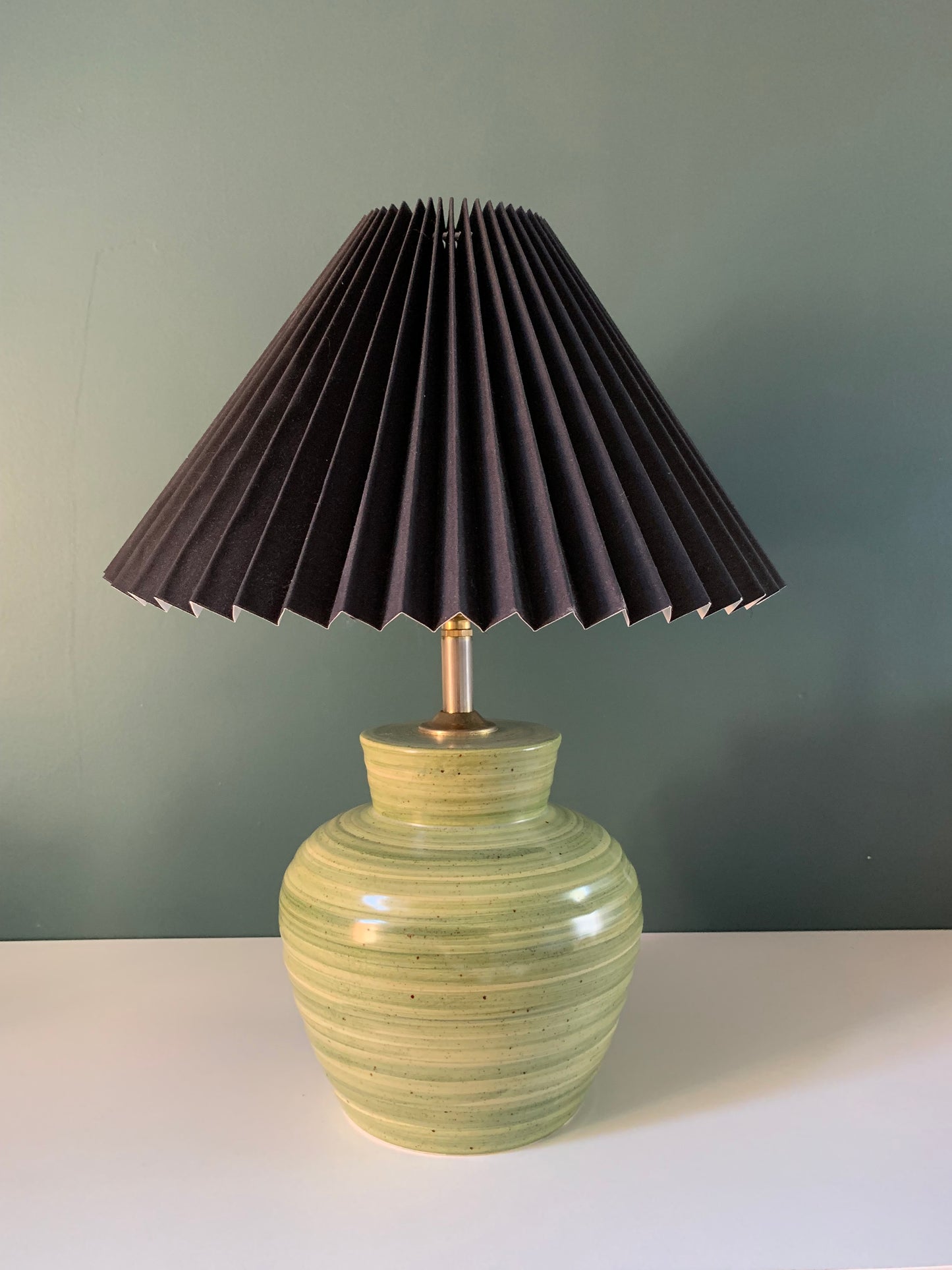 Mid Century Kabaka Pottery Striped Green Ceramic Table Lamp Retro