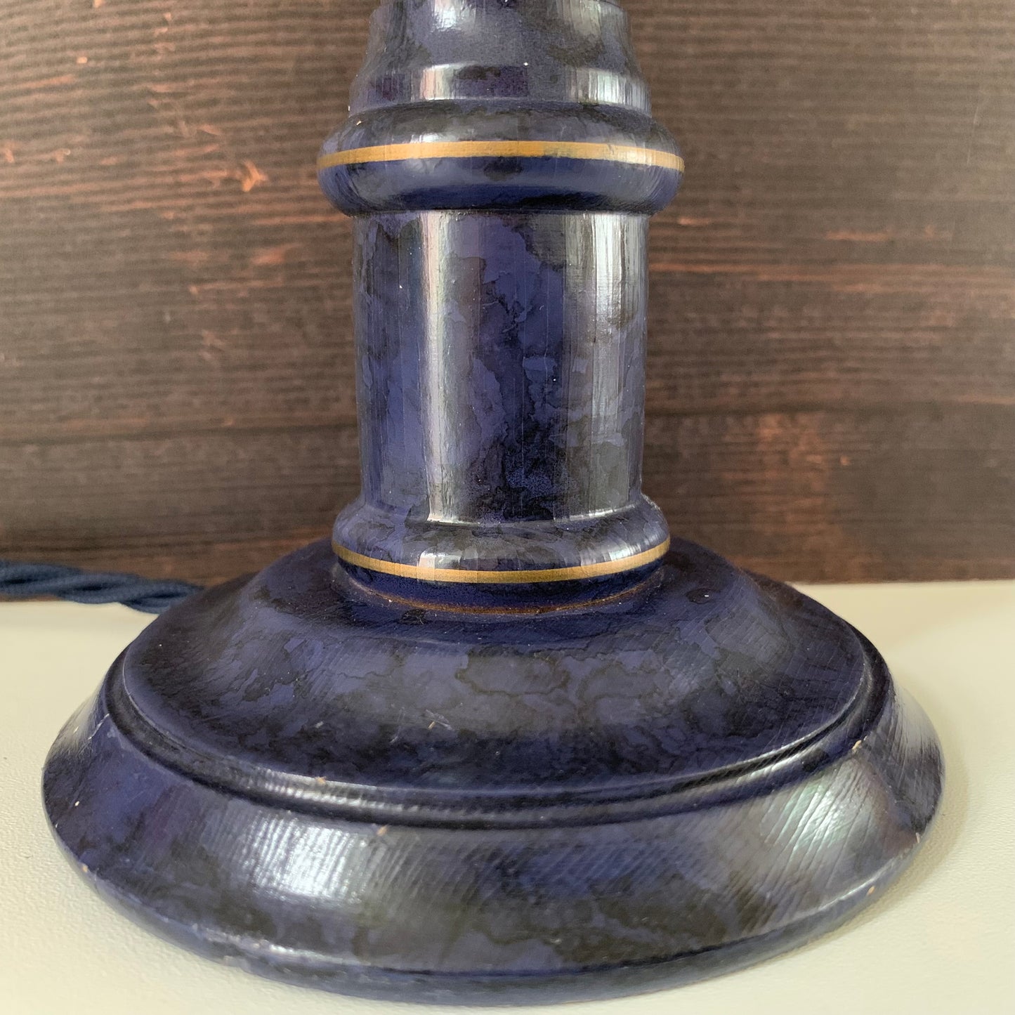 Vintage Blue Wood British Candle Stick Table Lamp 1980s