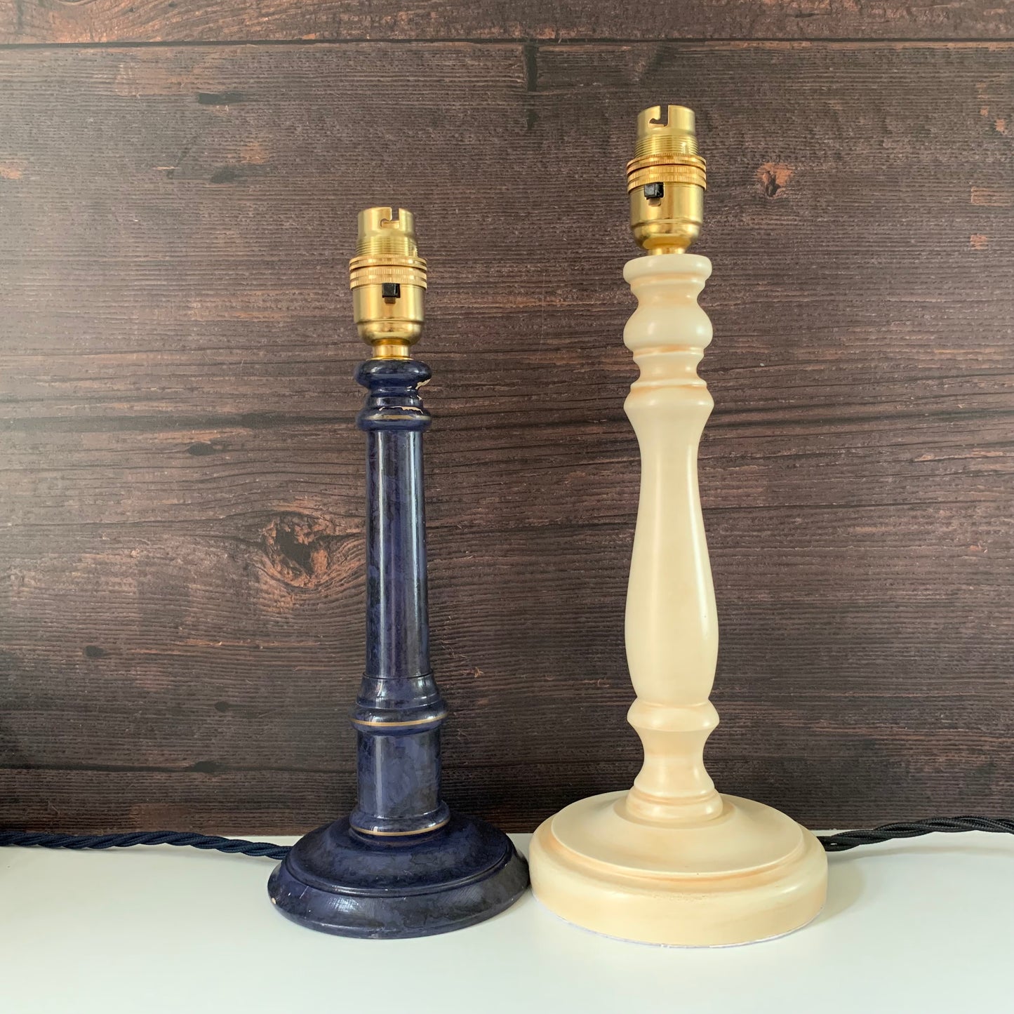 Vintage Blue Wood British Candle Stick Table Lamp 1980s